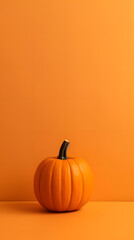 An minimalist orange pumpking with background on wooden floor with copy space, Halloween poster, template, card