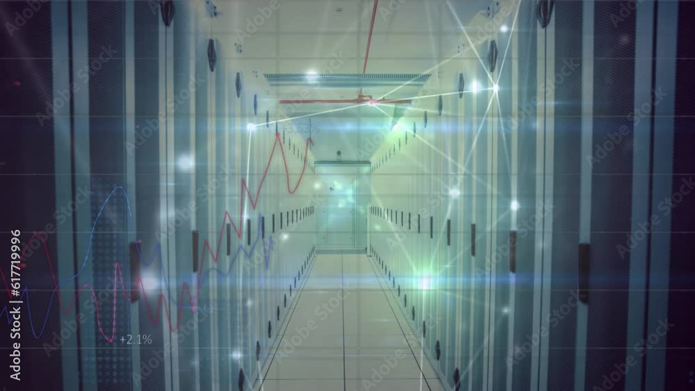 Poster animation of multiple graphs with changing numbers over connected dots against server room