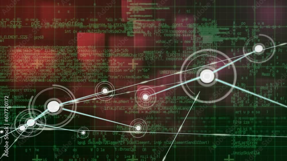 Poster animation of connected dots over grid pattern against looping computer language and squares