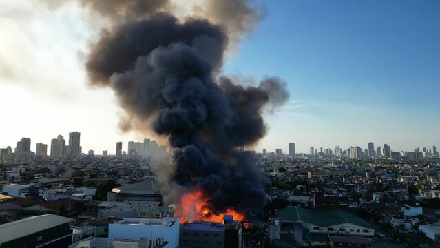 Aerial video of scary mass fire of the building burnt to the ground