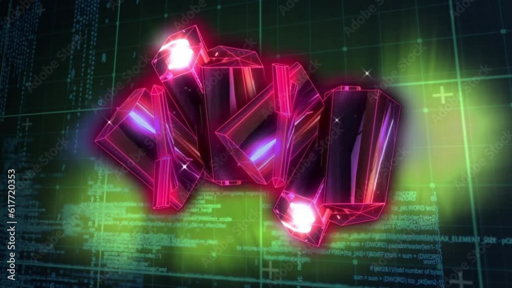 Poster animation of 3d bars over grid pattern against computer language on abstract background