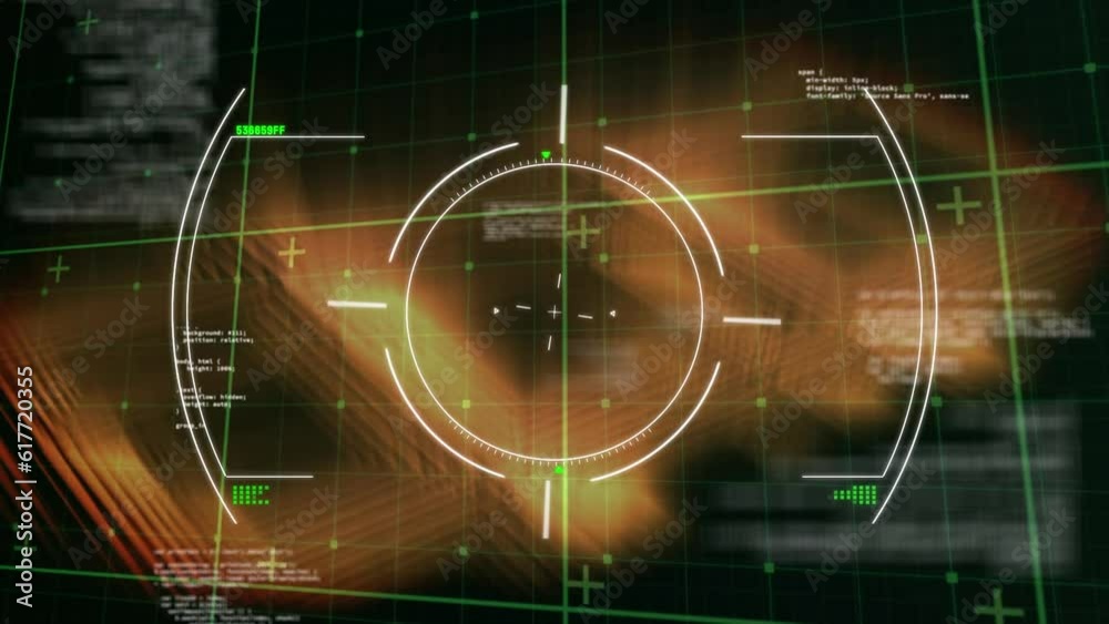 Poster animation of circles over looping computer language over illuminated squares in background