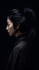 japanese minimalism, Close up half profile shot in the darkness with very little light of woman with glossy hair in black thick turtleneck sweater long hair on black background