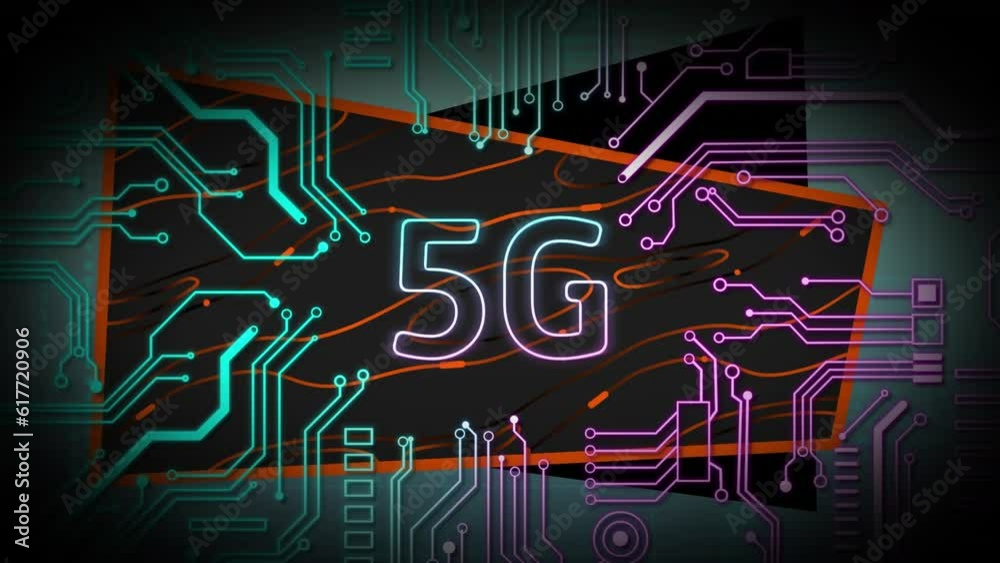 Poster animation of circuit board pattern around 5g text over rectangle against computer language