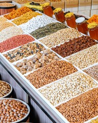 Vertical shot of a marketplace with piles of nuts and dried fruits