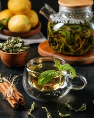 Vertical shot of a glass of mint tea and cinnamon sticks on a table with a teapot
