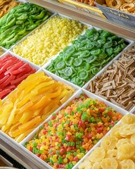 Vertical shot of a marketplace with a variety of colorful dried fruits