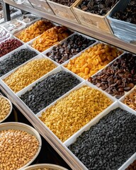 Vertical shot of a marketplace with a variety of dried fruits