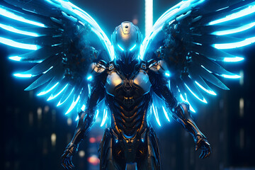 Cyborg robotic angel in menacing pose metallic neon blue wing standing and looking with two glow blue eyes in lab room