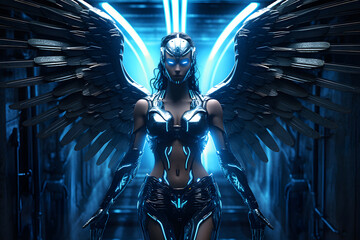 Cyborg robotic angel in menacing pose metallic neon blue wing standing and looking with two glow blue eyes in lab room