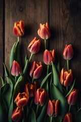 Tulips on a wooden table. Generative AI. - 617721167