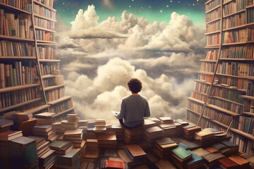 young guy among books and clouds, the world of dreams, reading literature - obrazy, fototapety, plakaty