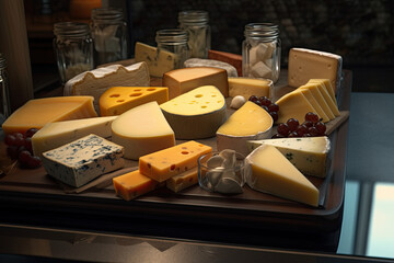 Assortment of cheeses on a wooden board, close-up. Generative AI