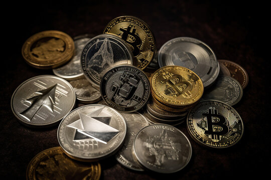 Digital currency physical metal bitcoin coins on dark background. Cryptocurrency concept. Generative AI
