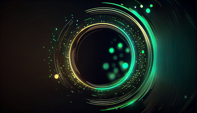 Abstract futuristic background with green blue glowing neon moving high speed round round lines and bokeh lights. Data transfer concept Fantastic wallpaper Ai generated image