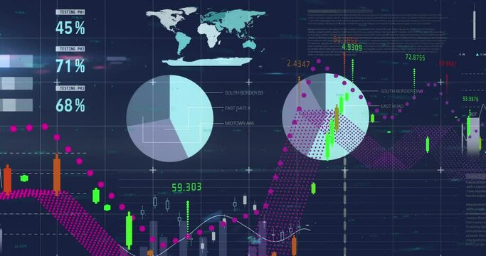 Animation of multicolored graphs with numbers over infographic interface against black background - Powered by Adobe