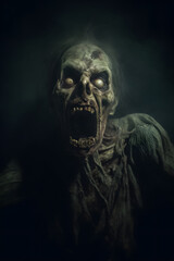 Close up of zombie screaming in dark foggy scene, horror art 