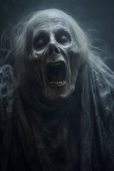 Close up of zombie screaming in dark foggy scene, horror art 