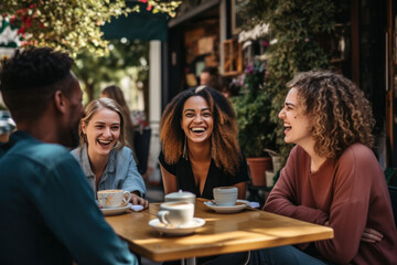 Fototapeta premium happy friends diner outside ai generated