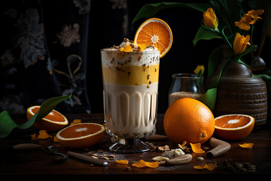 Orange latte in a glass on a wooden table. Dark background. Generative AI