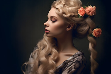 A fashion portrait of a woman with long blonde braided hair posing in floral clothes, high fashion design, with professional makeup, advertising photo,