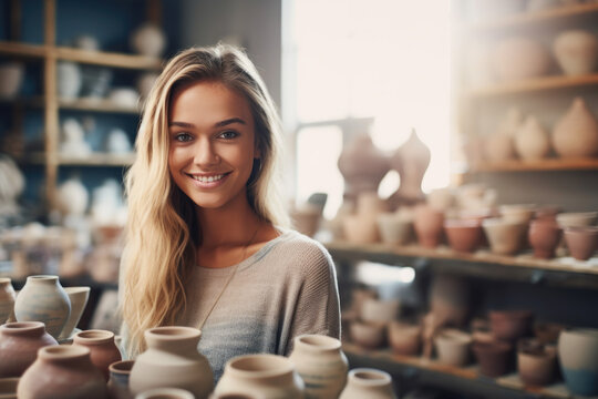 Young Woman at Pottery Studio Bright and Natural Light Artist Generative AI