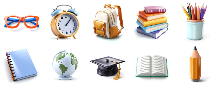 Education icons. Back to School. 3d icons set. Glasses, School bag, Alarm Clock, Books, Pencil, pen, Graduation hat, Copy Book, Globe, Open book