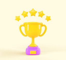 3d render winner cup with stars game score elements. Cartoon gold goblet with bonus icons isolated on background. Rank trophy, prize or level award, concept of success in competition. 3D illustration