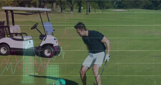 Animation of graphs, caucasian player angry on missing shot throwing cap and golf stick on ground