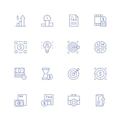 Business line icon set on transparent background with editable stroke. Containing profits, winner, tax, film-budget, value chain, user, target, swot analysis, time is money, taxes, work in progress.