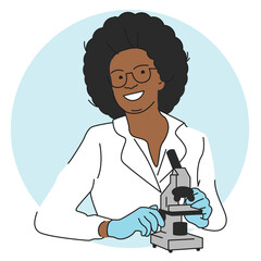 African american smiling laboratory assistant in glasses examines medical tests in a microscope - 617723944