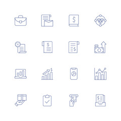 Business line icon set on transparent background with editable stroke. Containing briefcase, branding, bookkeeping, blockchain, bill, benefits, bar chart, profit, audit, atm, archive.