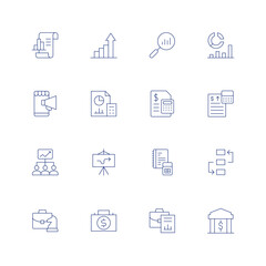 Business line icon set on transparent background with editable stroke. Containing analytics, analysis, advertisement, accountant, accounting, strategy, briefcase, bank.