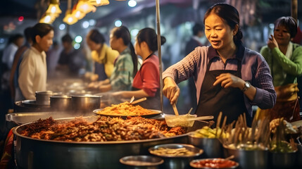 Vendor selling street food at night in local market, south-east asia travel, blogger, local life  - obrazy, fototapety, plakaty