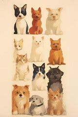 Vintage poster dogs​ and cats illustration on a white background looking at the viewer