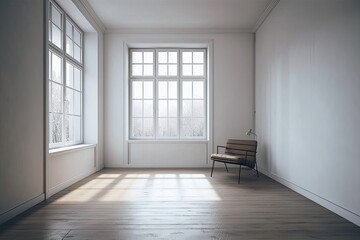 Fototapeta premium Interior of a vacant living room with a lone window frame. Generative AI