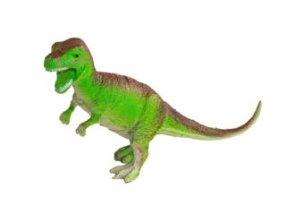 Small toy dinosaur, Tyrannosaurus Rex, isolated on blank background.