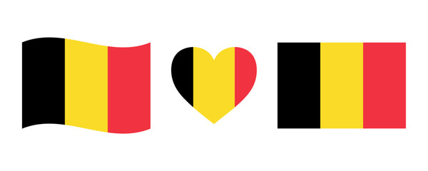 Belgium flag signs set. Belgian heart shape decorative element. Independence Day of Belgium. National symbols for Belgian holidays