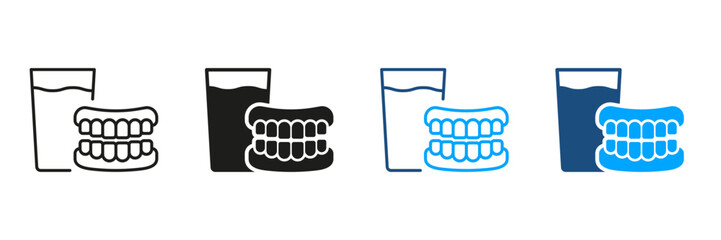 Denture with Glass of Water Silhouette and Line Icon Set. Medical Dental Prosthetic, Artificial Tooth Sign. Human False Tooth. Dental Treatment Symbol Collection. Isolated Vector Illustration