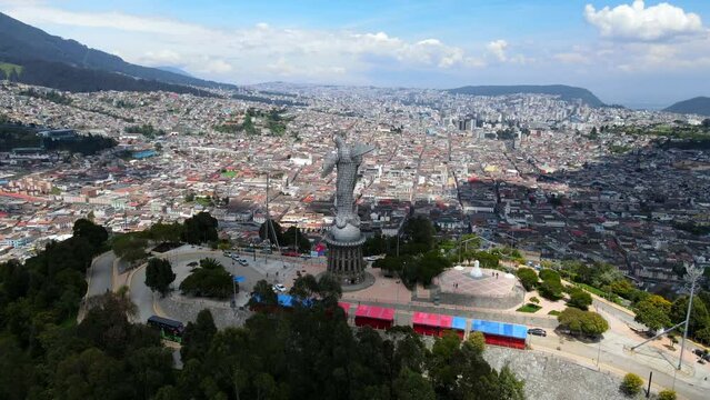 Aerial of the Panecillo statue with the Quito cityscape in Ecuador in the background