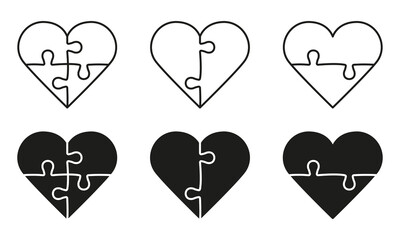 Jigsaw Pieces Match Together in Heart Shape Line and Silhouette Icon Set. Puzzle Combination Pictogram. Greeting Love Card for Valentine Day Symbol Collection. Isolated Vector Illustration