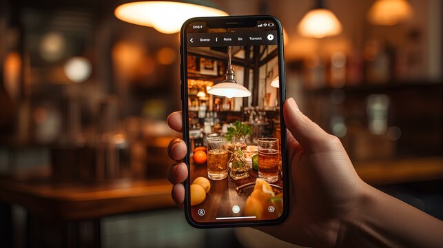 taking photo of food with smart phone in restaurant. generative AI