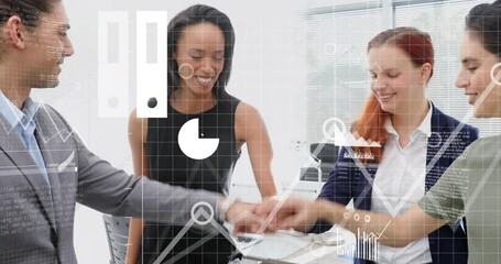 Animation of data processing over diverse businesspeople stacking their hands together at office - Powered by Adobe