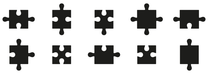 Naklejka premium Puzzle Pieces Fit Together Silhouette Icon Set. Jigsaw Parts Matching, Complete Game, Find Solution Pictogram. Business Strategy, Brainstorming, Teamwork Solid Symbol. Isolated Vector Illustration