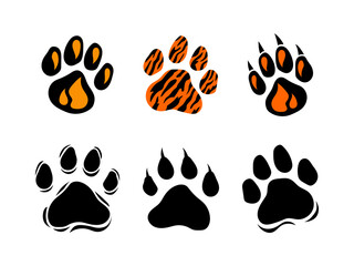Paw prints set. World tiger day. Wildlife, tiger paw prints. Vector animal prints silhouette, isolated illustration for animal protection theme, homeless animal shelters. World wildlife day. - obrazy, fototapety, plakaty