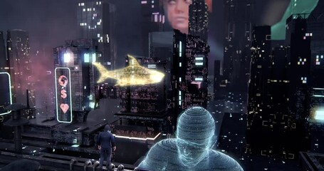 Illustrative animation of a huge cyber person lifting a man surrounded by futuristic cityscape - Powered by Adobe