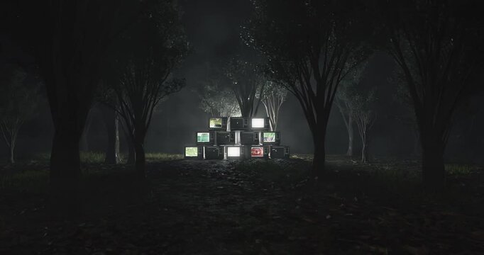 Animation inside a mystical forest with a group of old televisions with glitched displays