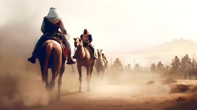 ancient arab background design, moments soldiers arabian before entering the battleground
