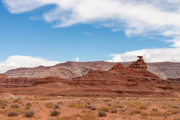 Scenic view of the sombrero shaped rock formation of Mexican Hat on the San Juan River on the northern edge of the Navajo Nations borders in south central San Juan County, Utah, USA