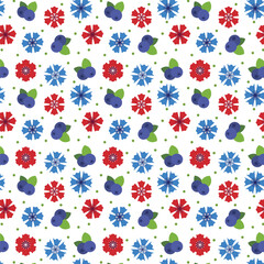 Seamless pattern with beautiful meadow flowers and blueberries. Vector illustration flowers with dots on white background